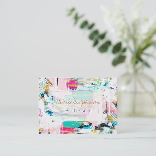 Blauw roze en goudpenseel schilderen visitekaartje (Staand voorkant)