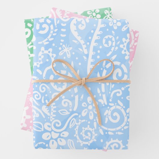 Blauw, roze en groen pastelpaisley inpakpapier (In situ)