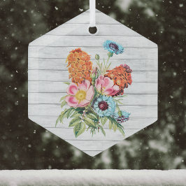 Blauw roze en Oranje Bouquet op wit hout Glas Ornament