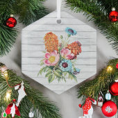Blauw roze en Oranje Bouquet op wit hout Glas Ornament