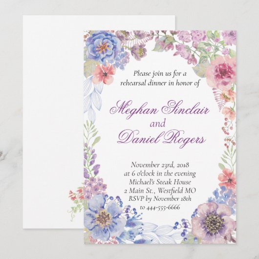 Blauw-, roze- en Paarse-wilde-bloemrepetitie Kaart (Voorkant / Achterkant)