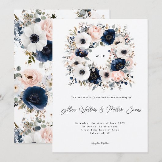 Blauw, Roze en Witte Anemoon Krans Trouwen Kaart (Voorkant / Achterkant)