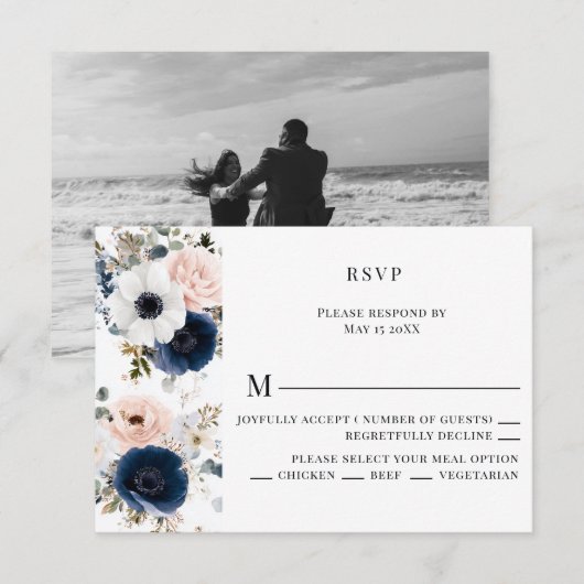 Blauw, Roze en Witte Anemoon Krans Trouwen RSVP Kaartje (Voorkant / Achterkant)
