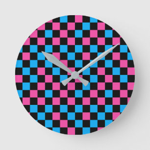 Blauw Roze En Zwart Geruit Patroon Ronde Klok
