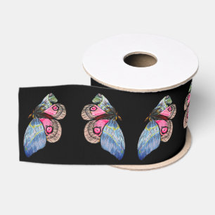 Blauw Roze Exotische Vlinders Patroon Grosgrain Lint