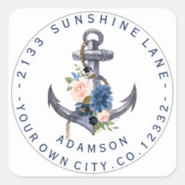 Blauw roze Floral Anchor Circular Address Label