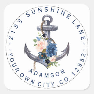Blauw roze Floral Anchor Circular Address Label