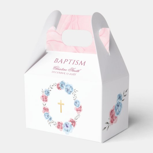 Blauw roze Floral Baby Baptisme Christening Bedankdoosjes (Voorkant Zijde)