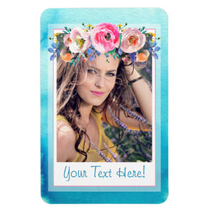 Blauw roze Floral Fotosjabloon Aangepast Gezegde Magneet