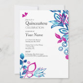 Blauw, Roze Floral Quinceañera Kaart (Voorkant)