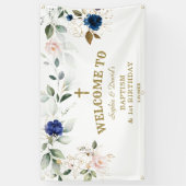 Blauw roze Floral Twins First Birthday Welcome Sig Spandoek (Verticaal)