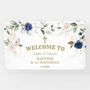 Blauw roze Floral Twins First Birthday Welcome Sig Spandoek