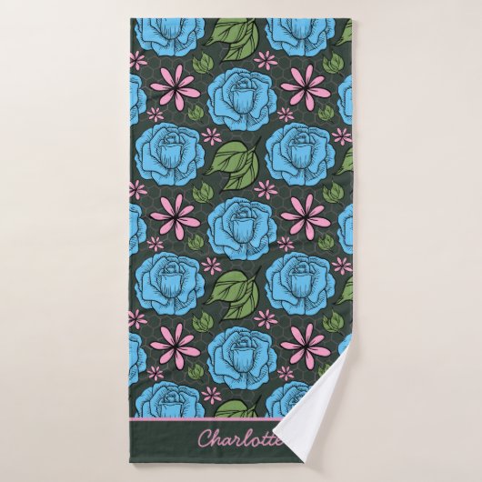 Blauw roze florale naadloze patroon, aangepast badhanddoek (Badhanddoek)