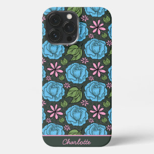 Blauw roze florale naadloze patroon, aangepast iPhone 13 pro max hoesje