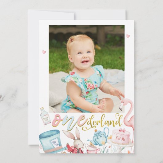 Blauw Roze Foto Alice in Onederland 1e verjaardag Kaart (Achterkant)