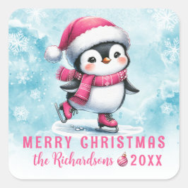 Blauw Roze Fun Penguin Schaatser Vrolijk Kerstfees Vierkante Sticker