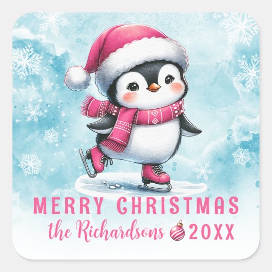 Blauw Roze Fun Penguin Schaatser Vrolijk Kerstfees Vierkante Sticker (Voorkant)