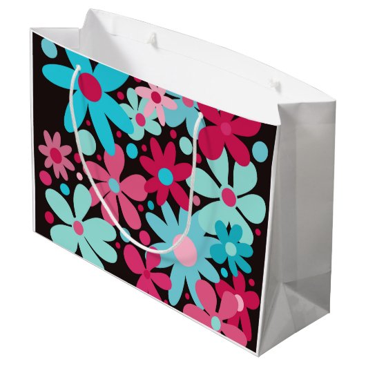 Blauw & roze funky bloemen grote geschenkzak groot cadeauzakje (Achterkant Gekanteld)