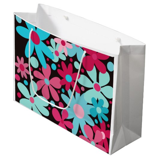 Blauw & roze funky bloemen grote geschenkzak groot cadeauzakje (Voorkant Gekanteld)