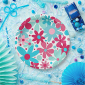 Blauw & roze funky bloempapier borden papieren bordje (Feest)