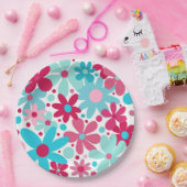 Blauw & roze funky bloempapier borden papieren bordje (Feest)