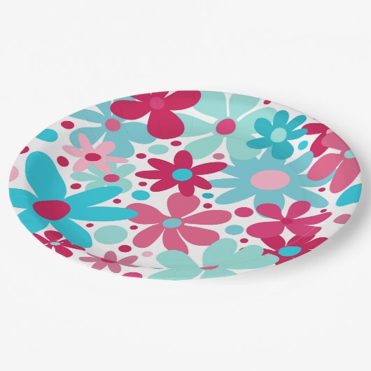 Blauw & roze funky bloempapier borden papieren bordje (Gekanteld)