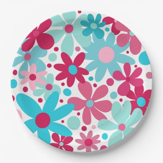 Blauw & roze funky bloempapier borden papieren bordje (Voorkant)