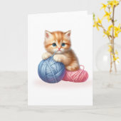 Blauw & roze garen Bright-Eyed Kitten Blank Groet Kaart (Gele Bloem)