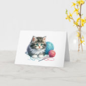 Blauw & Roze Garens Tabby Charm Blank Wenskaart Kaart (Gele Bloem)