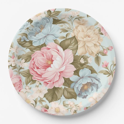 Blauw Roze Geel Bloemig Papieren Bord (Voorkant)