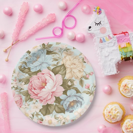 Blauw roze geel bloempapier Bord (Feest)