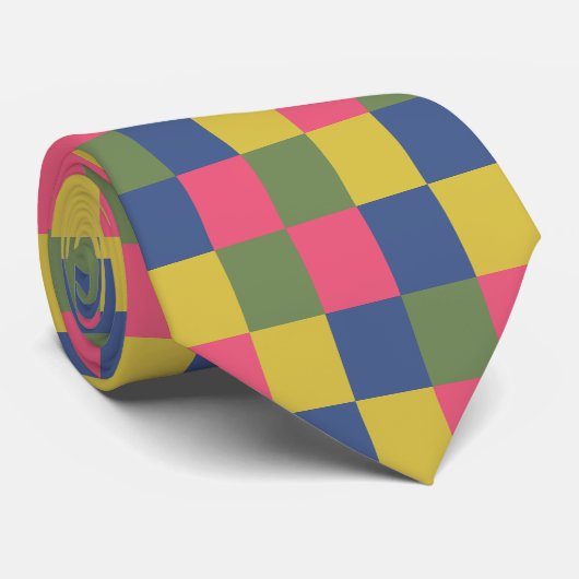 Blauw Roze Geel Groen Checkerboard Stropdas (Opgerold)