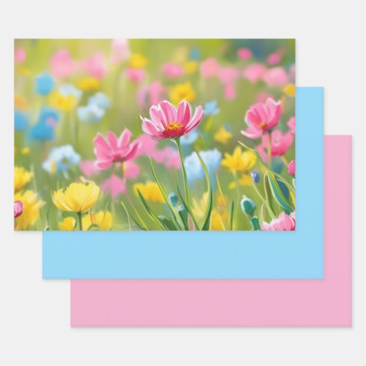 Blauw Roze Geel Wilde Bloemen Veld 2025 Inpakpapier Vel (Set)