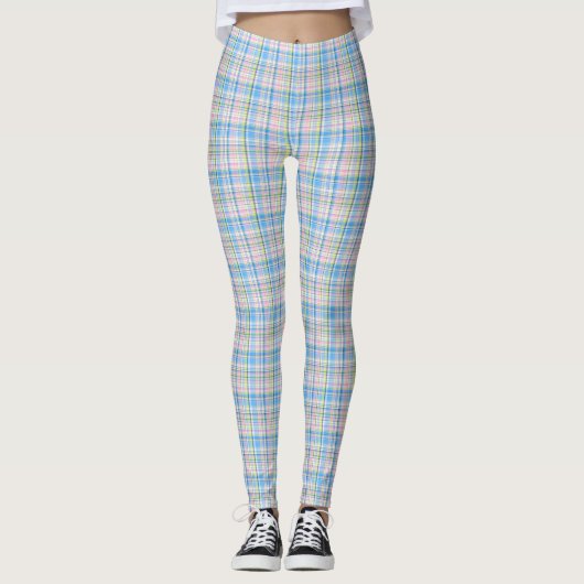 Blauw Roze Geel Wit Preppy Plaid Madras Tartan Leggings (Voorkant)