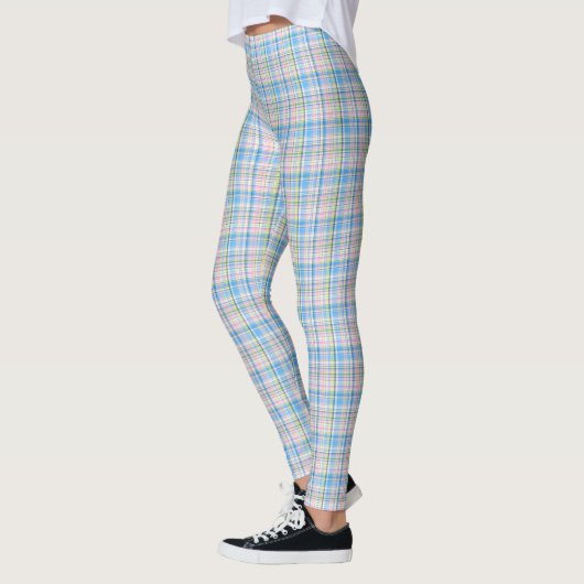 Blauw Roze Geel Wit Preppy Plaid Madras Tartan Leggings (Links)