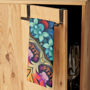 blauw roze gele bloemen theedoek