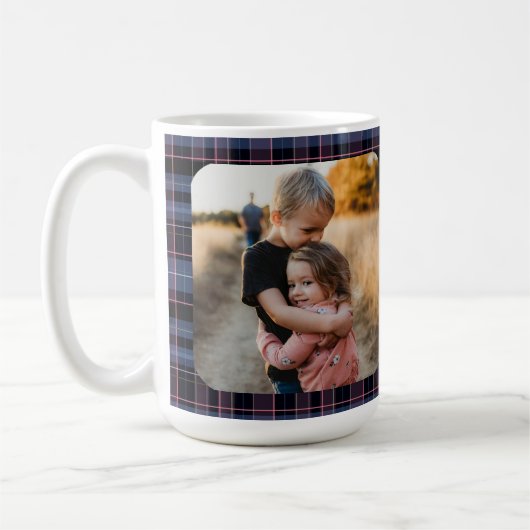 Blauw Roze Geruit 1-Foto Aangepaste Kerstgeschenks Koffiemok (Links)