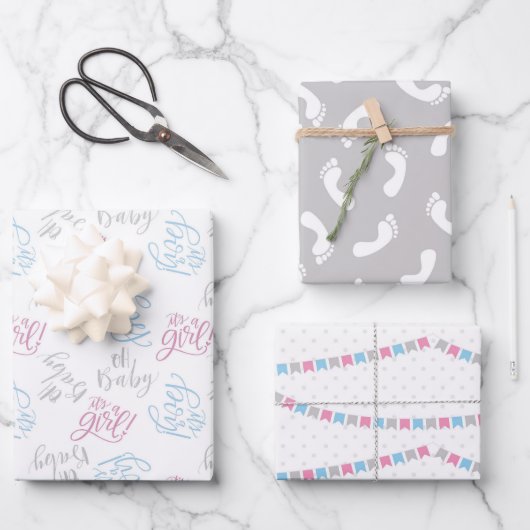 Blauw roze geslacht onthullen papierbladen voor he inpakpapier vel (Voorkant)