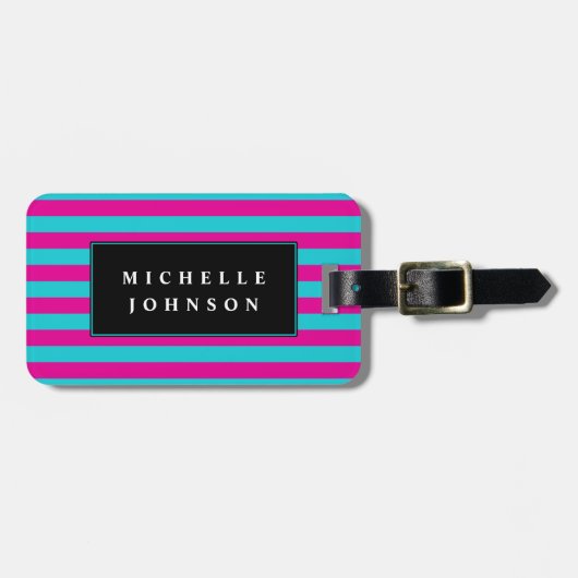 Blauw Roze Gestreept Bagagelabel (Voorkant horizontaal)
