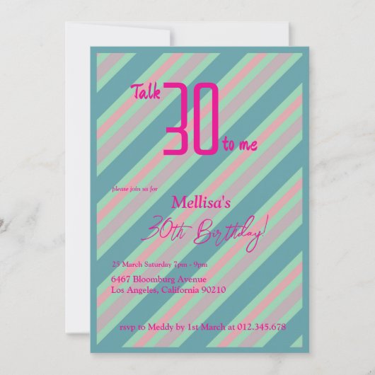Blauw Roze Gestreepte Vrouwelijke 30ste Verjaardag Kaart (Voorkant)