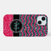 Blauw & Roze Glitter Chevron Persoonlijke Defender iPhone 15 Case (Achterkant horizontaal)