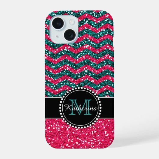 Blauw & Roze Glitter Chevron Persoonlijke Verdedig iPhone 15 Case (Achterkant)
