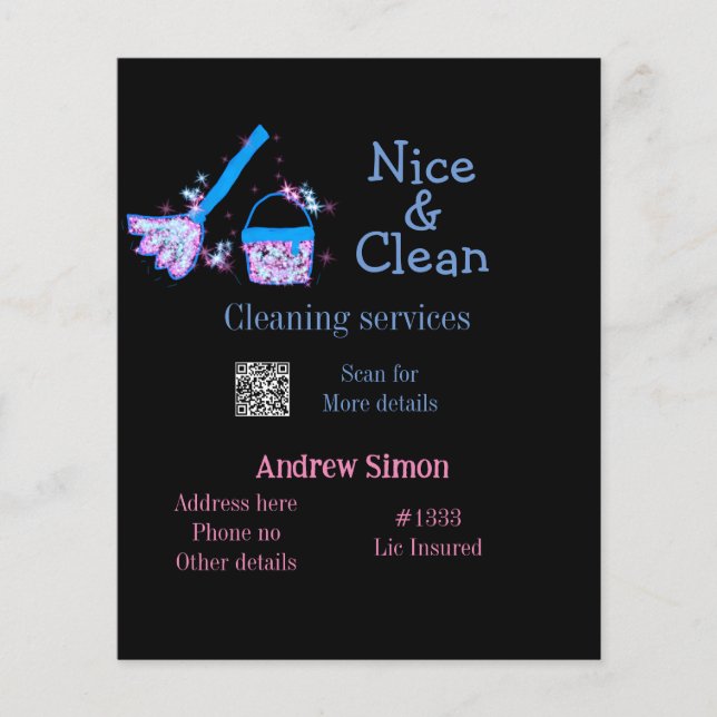 Blauw roze glitter clean mop naam adres toevoegen  (Voorkant)