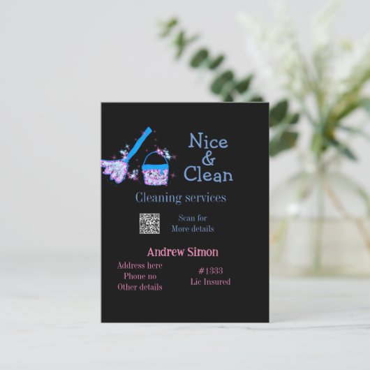 Blauw roze glitter clean mop naam adres toevoegen  briefkaart (Staand voorkant)