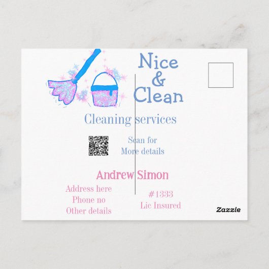 Blauw roze glitter clean mop naam adres toevoegen  briefkaart (Achterkant)