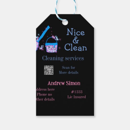 Blauw roze glitter clean mop naam adres toevoegen  cadeaulabel (Voorkant)