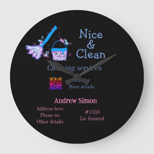 Blauw roze glitter clean mop naam adres toevoegen  grote klok (Voorkant)