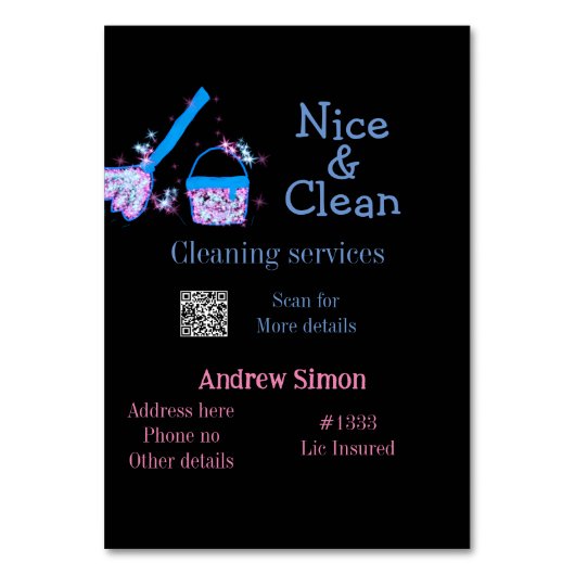 Blauw roze glitter clean mop naam adres toevoegen  kaart (Voorkant)