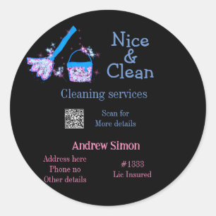Blauw roze glitter clean mop naam adres toevoegen ronde sticker