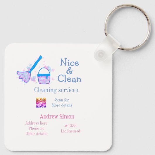 Blauw roze glitter clean mop naam adres toevoegen  sleutelhanger (Achterkant)